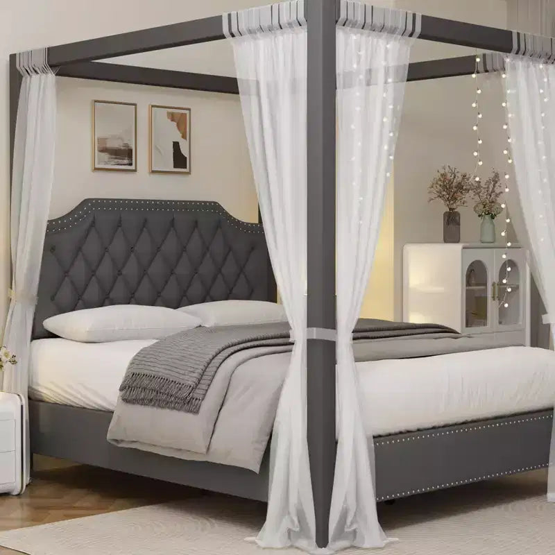 Struttura letto a baldacchino con testiera chiodata, letto a piattaforma imbottito con capacità di 544 kg, doghe in legno massiccio, nessuna molla necessaria, silenzioso