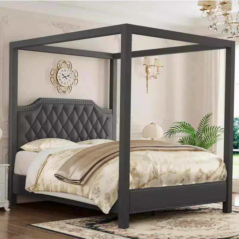Struttura letto a baldacchino con testiera chiodata, letto a piattaforma imbottito con capacità di 544 kg, doghe in legno massiccio, nessuna molla necessaria, silenzioso