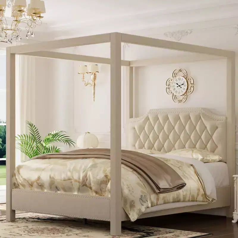 Struttura letto a baldacchino con testiera chiodata, letto a piattaforma imbottito con capacità di 544 kg, doghe in legno massiccio, nessuna molla necessaria, silenzioso