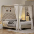 Canopy Bed Frame with Nailhead Headboard, Upholstered Platform Bed with 1200LB Capacity, Solid Wood Slats, No Box Spring Needed, Noise Free