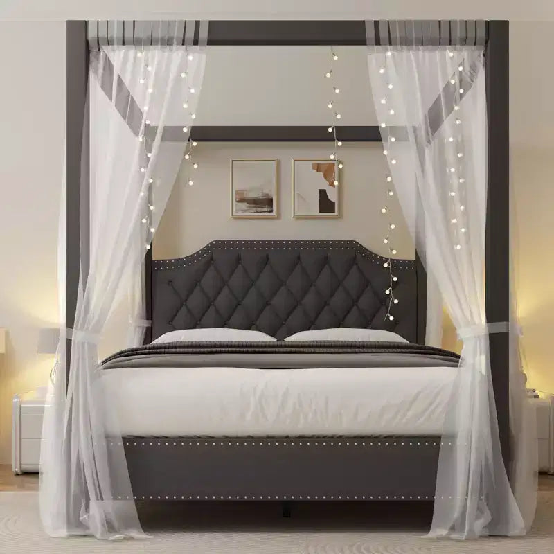 Struttura letto a baldacchino con testiera chiodata, letto a piattaforma imbottito con capacità di 544 kg, doghe in legno massiccio, nessuna molla necessaria, silenzioso