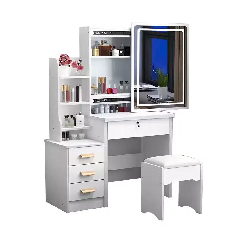 Scrivania da trucco moderna Tess 34.8'' con specchio, luci, 1 sedia, 4 cassetti e ripiani aperti