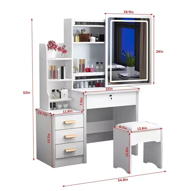 Scrivania da trucco moderna Tess 34.8'' con specchio, luci, 1 sedia, 4 cassetti e ripiani aperti