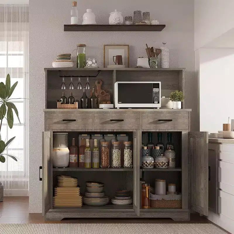 Mobile buffet da fattoria con microonde, mobile bar in legno per cucina, unità versatile con vani portaoggetti, facile montaggio