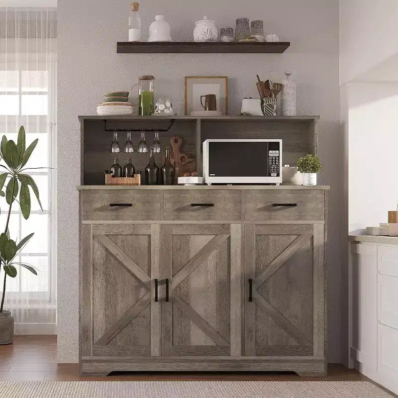 Mobile buffet da fattoria con microonde, mobile bar in legno per cucina, unità versatile con vani portaoggetti, facile montaggio