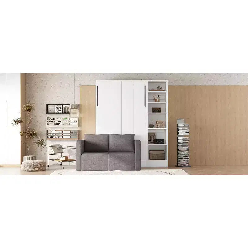 Letto a scomparsa matrimoniale/singolo con divano, letto a muro con cuscino, letto a scomparsa con mensole per camera da letto, camera per gli ospiti, piccola stanza, bianco