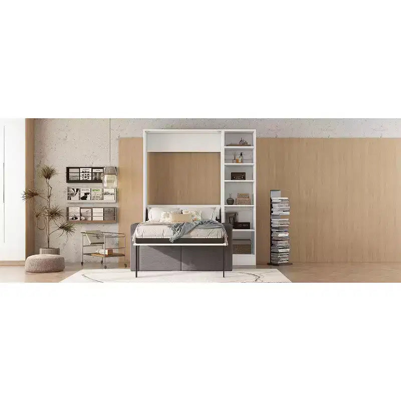 Letto a scomparsa matrimoniale/singolo con divano, letto a muro con cuscino, letto a scomparsa con mensole per camera da letto, camera per gli ospiti, piccola stanza, bianco