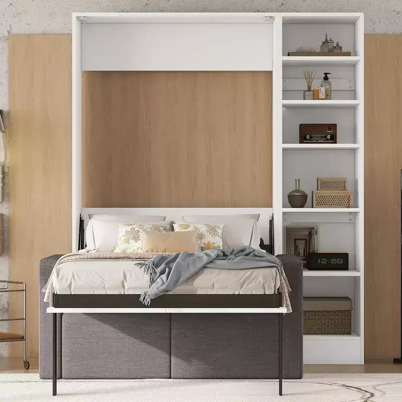 Letto a scomparsa matrimoniale/singolo con divano, letto a muro con cuscino, letto a scomparsa con mensole per camera da letto, camera per gli ospiti, piccola stanza, bianco