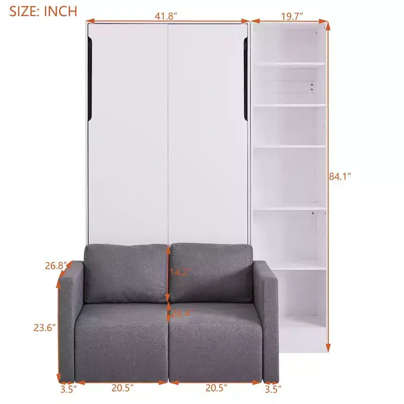 Letto a scomparsa matrimoniale/singolo con divano, letto a muro con cuscino, letto a scomparsa con mensole per camera da letto, camera per gli ospiti, piccola stanza, bianco