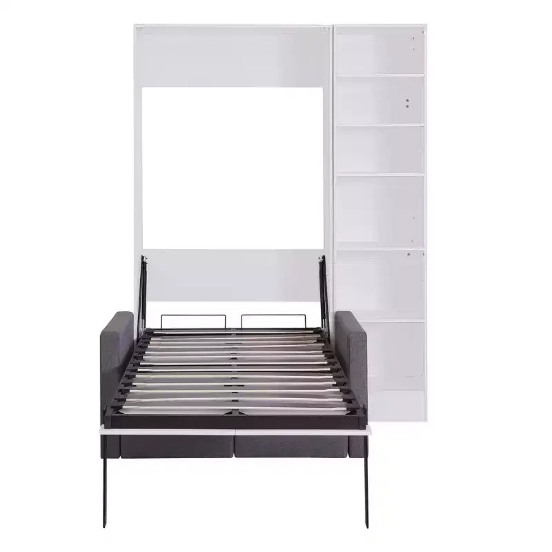 Letto a scomparsa matrimoniale/singolo con divano, letto a muro con cuscino, letto a scomparsa con mensole per camera da letto, camera per gli ospiti, piccola stanza, bianco