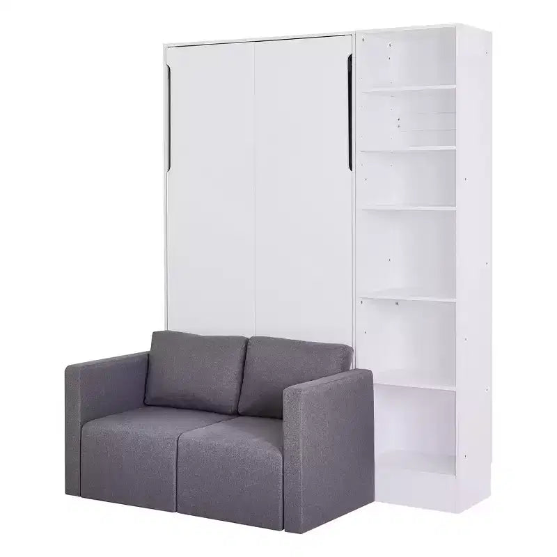 Letto a scomparsa matrimoniale/singolo con divano, letto a muro con cuscino, letto a scomparsa con mensole per camera da letto, camera per gli ospiti, piccola stanza, bianco