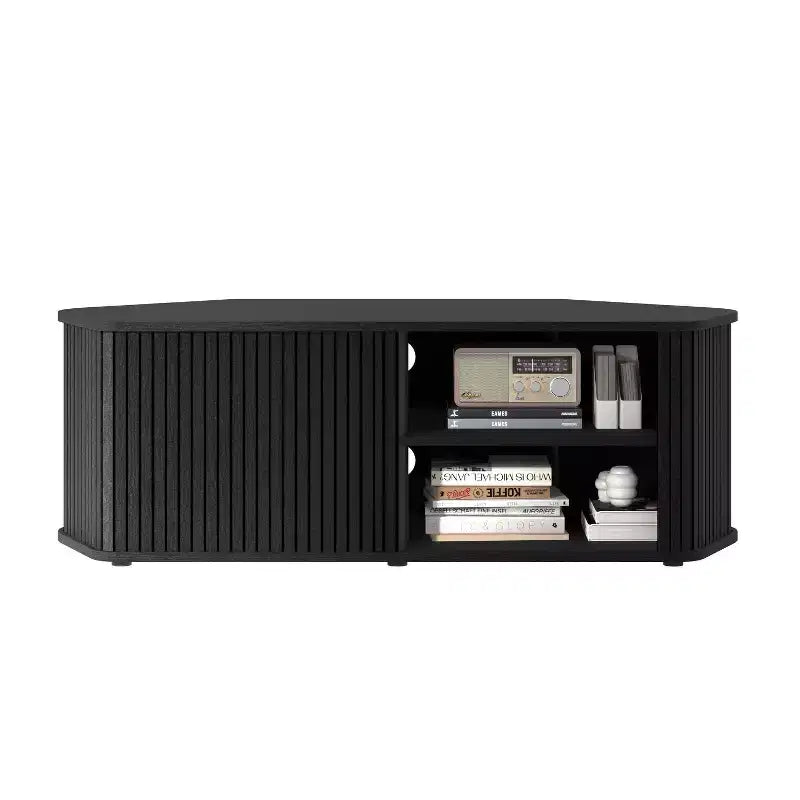 Mobile TV ad angolo GALANO con serrandina scorrevole in rovere nero, 110 L x 50 P x 37,5 A cm