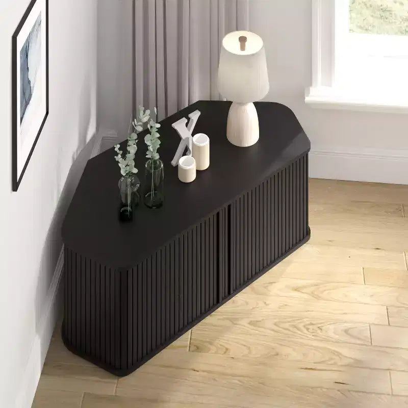 Mobile TV ad angolo GALANO con serrandina scorrevole in rovere nero, 110 L x 50 P x 37,5 A cm