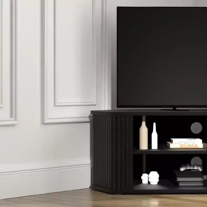 Mobile TV ad angolo GALANO con serrandina scorrevole in rovere nero, 110 L x 50 P x 37,5 A cm