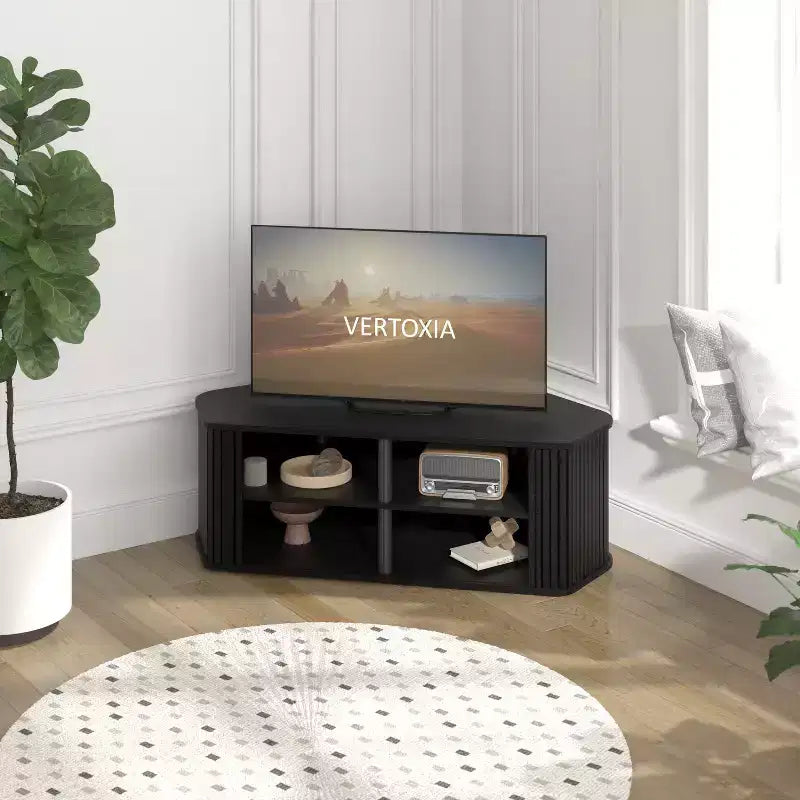 Mobile TV ad angolo GALANO con serrandina scorrevole in rovere nero, 110 L x 50 P x 37,5 A cm