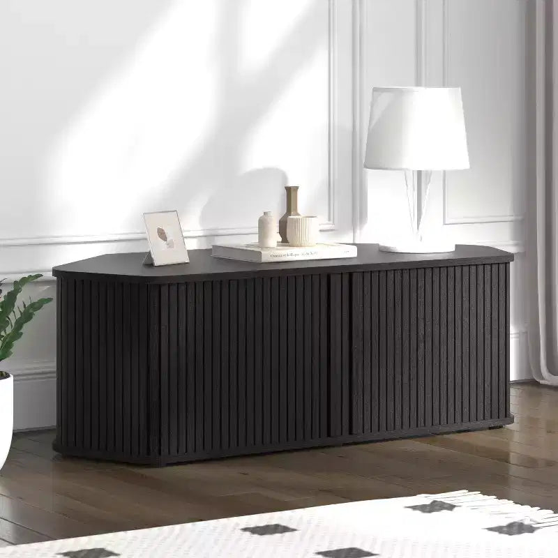 Mobile TV ad angolo GALANO con serrandina scorrevole in rovere nero, 110 L x 50 P x 37,5 A cm