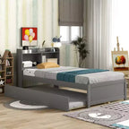 Letto a Piattaforma Matrimoniale con Testiera Contenitore, Letto Estraibile con Rotelle, Robusto Letto in Legno di Pino per Soggiorno, Grigio