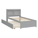 Letto a Piattaforma Matrimoniale con Testiera Contenitore, Letto Estraibile con Rotelle, Robusto Letto in Legno di Pino per Soggiorno, Grigio
