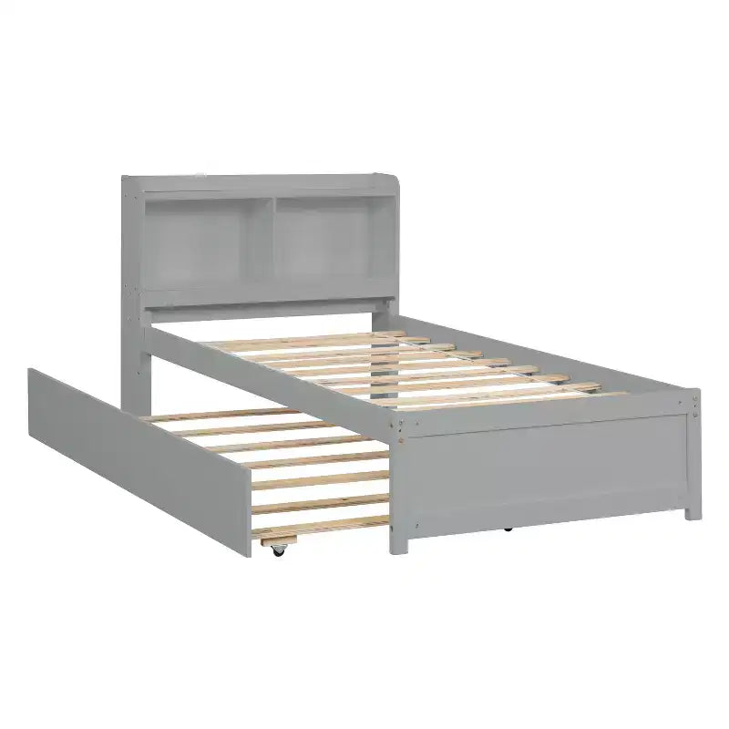 Letto a Piattaforma Matrimoniale con Testiera Contenitore, Letto Estraibile con Rotelle, Robusto Letto in Legno di Pino per Soggiorno, Grigio