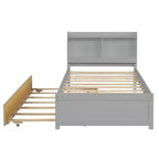 Letto a Piattaforma Matrimoniale con Testiera Contenitore, Letto Estraibile con Rotelle, Robusto Letto in Legno di Pino per Soggiorno, Grigio