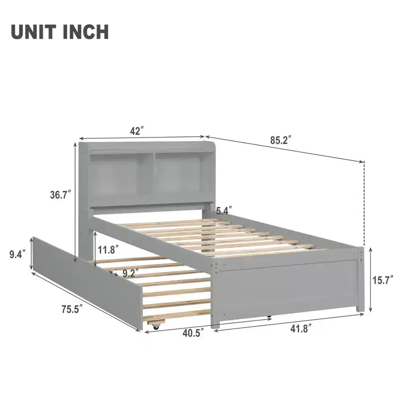 Letto a Piattaforma Matrimoniale con Testiera Contenitore, Letto Estraibile con Rotelle, Robusto Letto in Legno di Pino per Soggiorno, Grigio