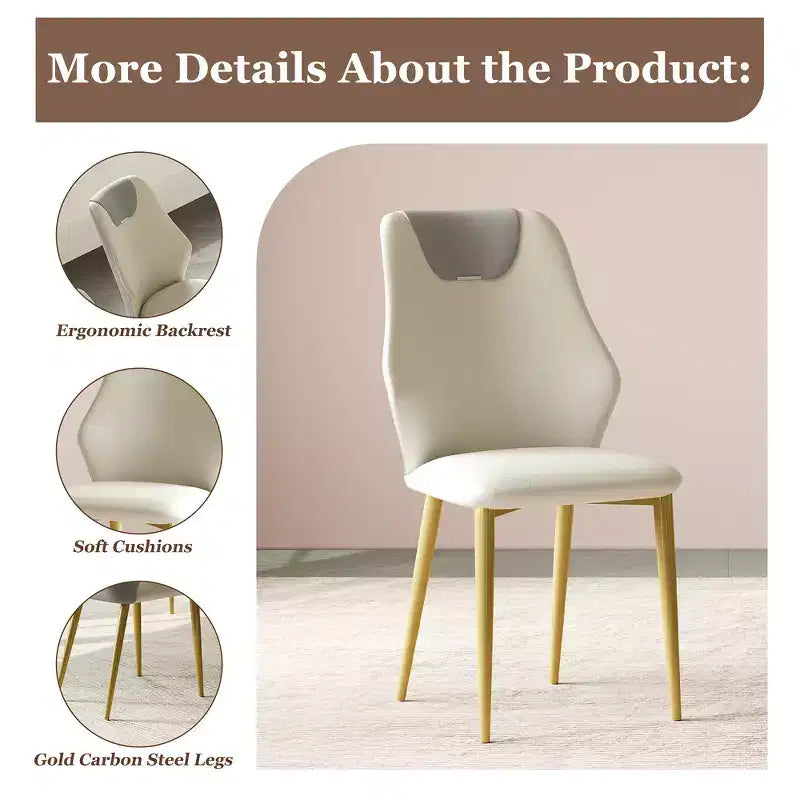 Set di 2 sedie da pranzo con sedili in pelle PU di alta qualità, gambe in acciaio al carbonio placcato oro e schienali ergonomici
