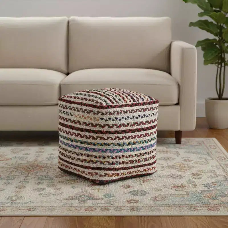 Pouf ottomano HomeRoots 18 a righe intrecciate in iuta naturale e arcobaleno