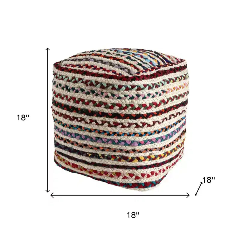 Pouf ottomano HomeRoots 18 a righe intrecciate in iuta naturale e arcobaleno