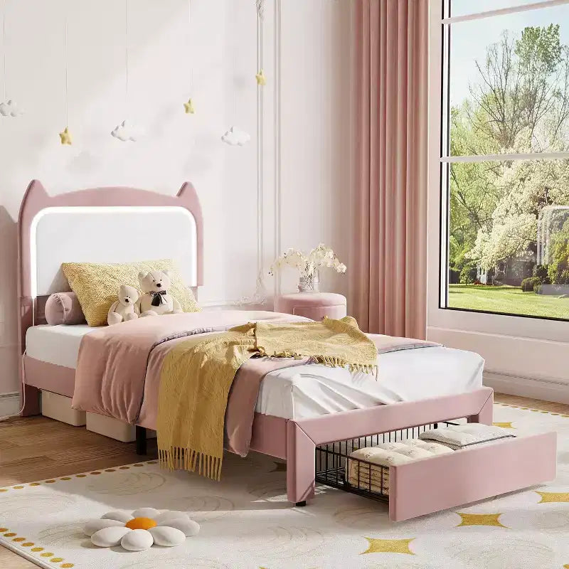 COZONY Twin Bed Frame with LED Lights and Underbed Storage, Velvet, for Kids Bedroom