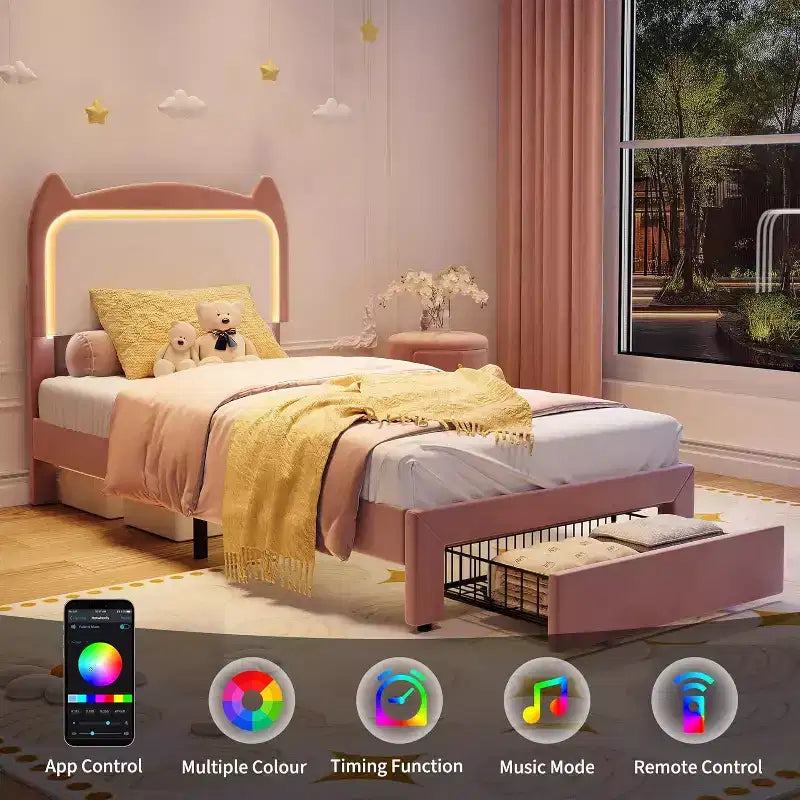 Struttura letto singolo con luci LED e contenitore sotto il letto, in velluto, per cameretta bambini
