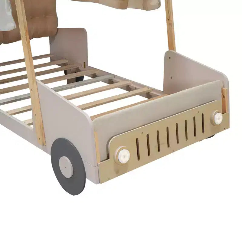Letto per auto in legno Twin/Full con LED a forma di luce per auto, cuscino e panno per il soffitto, letto a piattaforma a forma di auto a pavimento basso per cameretta di bambini e bambine