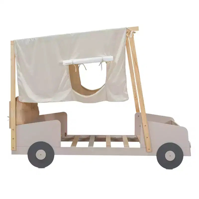 Letto per auto in legno Twin/Full con LED a forma di luce per auto, cuscino e panno per il soffitto, letto a piattaforma a forma di auto a pavimento basso per cameretta di bambini e bambine