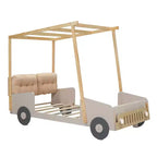 Letto per auto in legno Twin/Full con LED a forma di luce per auto, cuscino e panno per il soffitto, letto a piattaforma a forma di auto a pavimento basso per cameretta di bambini e bambine