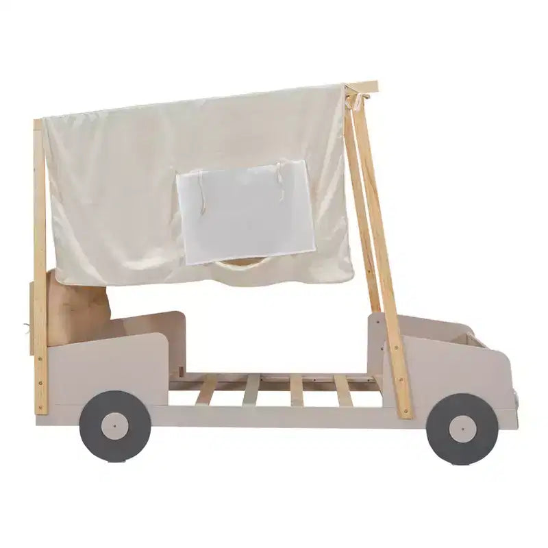 Letto per auto in legno Twin/Full con LED a forma di luce per auto, cuscino e panno per il soffitto, letto a piattaforma a forma di auto a pavimento basso per cameretta di bambini e bambine