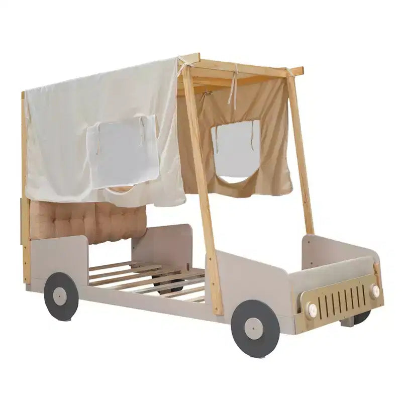Letto per auto in legno Twin/Full con LED a forma di luce per auto, cuscino e panno per il soffitto, letto a piattaforma a forma di auto a pavimento basso per cameretta di bambini e bambine