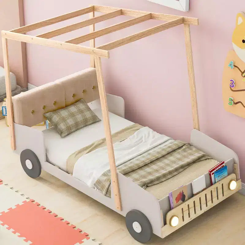 Letto per auto in legno Twin/Full con LED a forma di luce per auto, cuscino e panno per il soffitto, letto a piattaforma a forma di auto a pavimento basso per cameretta di bambini e bambine