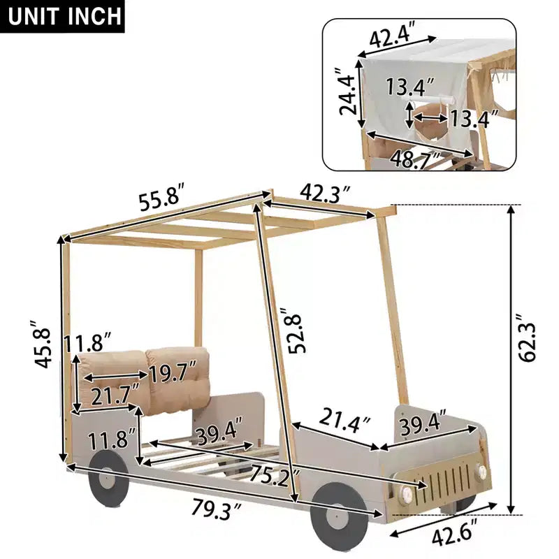 Letto per auto in legno Twin/Full con LED a forma di luce per auto, cuscino e panno per il soffitto, letto a piattaforma a forma di auto a pavimento basso per cameretta di bambini e bambine