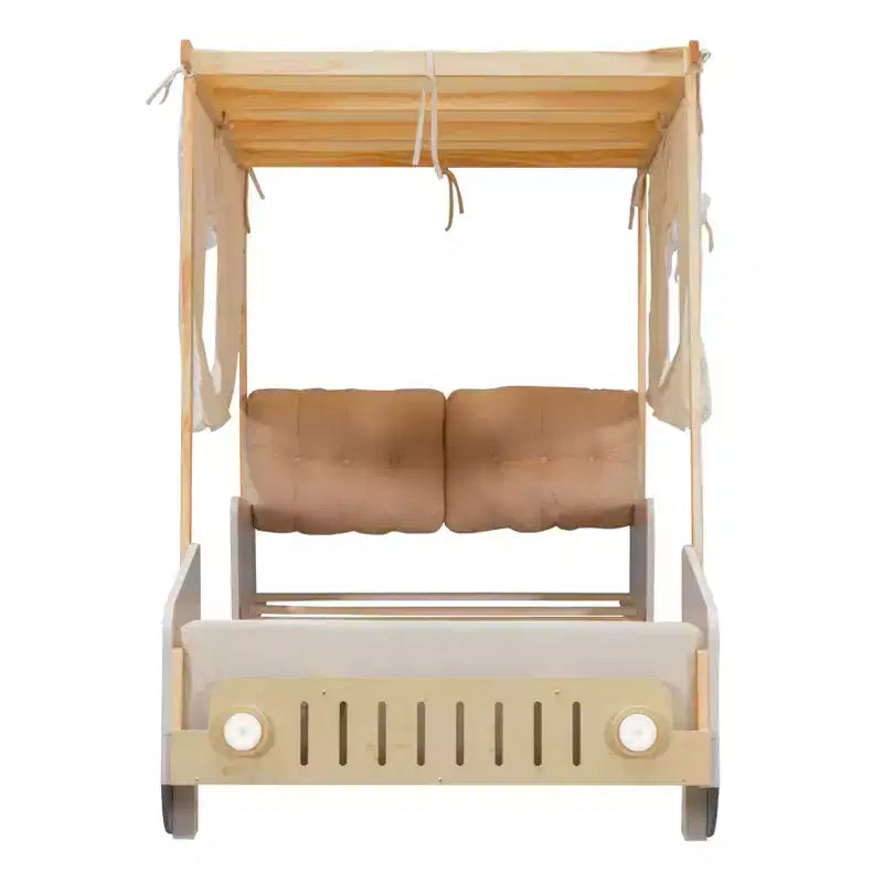 Letto per auto in legno Twin/Full con LED a forma di luce per auto, cuscino e panno per il soffitto, letto a piattaforma a forma di auto a pavimento basso per cameretta di bambini e bambine