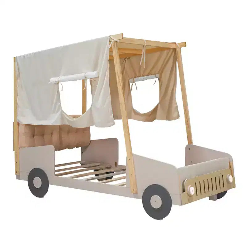 Letto per auto in legno Twin/Full con LED a forma di luce per auto, cuscino e panno per il soffitto, letto a piattaforma a forma di auto a pavimento basso per cameretta di bambini e bambine
