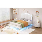 Struttura letto a LED singola/una piazza e mezza con testiera a corona, letti a piattaforma in PU imbottito per bambine con luce
