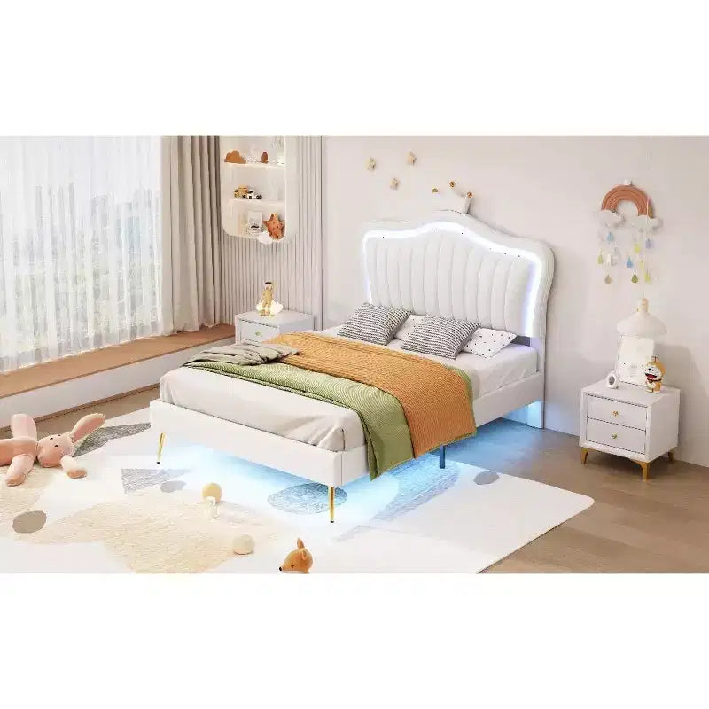 Struttura letto a LED singola/una piazza e mezza con testiera a corona, letti a piattaforma in PU imbottito per bambine con luce