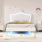 Struttura letto a LED singola/una piazza e mezza con testiera a corona, letti a piattaforma in PU imbottito per bambine con luce