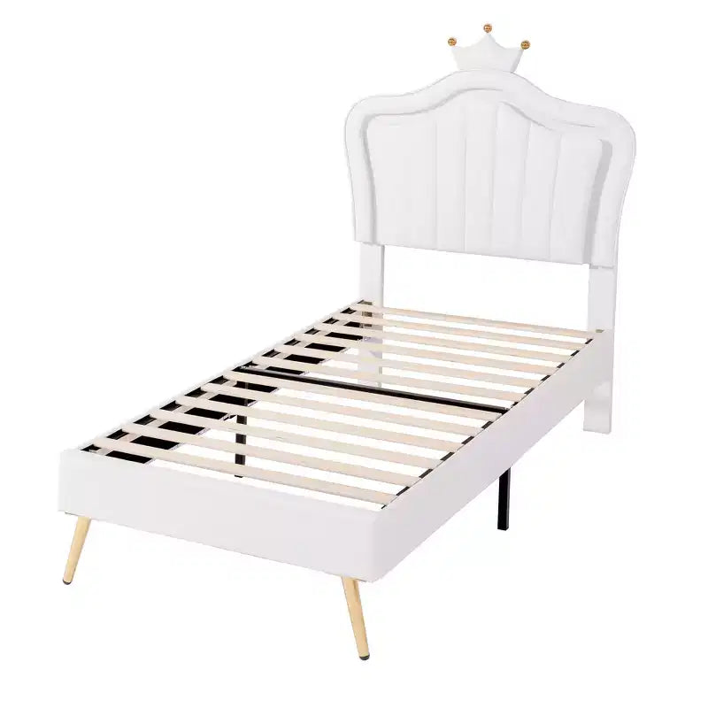 Struttura letto a LED singola/una piazza e mezza con testiera a corona, letti a piattaforma in PU imbottito per bambine con luce