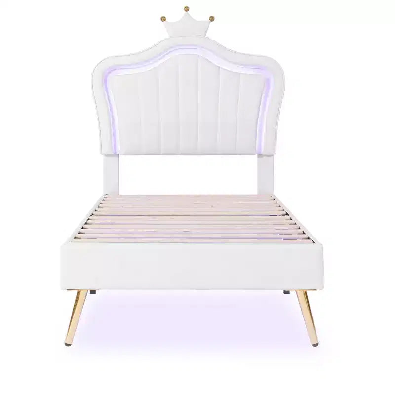 Struttura letto a LED singola/una piazza e mezza con testiera a corona, letti a piattaforma in PU imbottito per bambine con luce