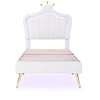 Struttura letto a LED singola/una piazza e mezza con testiera a corona, letti a piattaforma in PU imbottito per bambine con luce