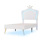 Struttura letto a LED singola/una piazza e mezza con testiera a corona, letti a piattaforma in PU imbottito per bambine con luce