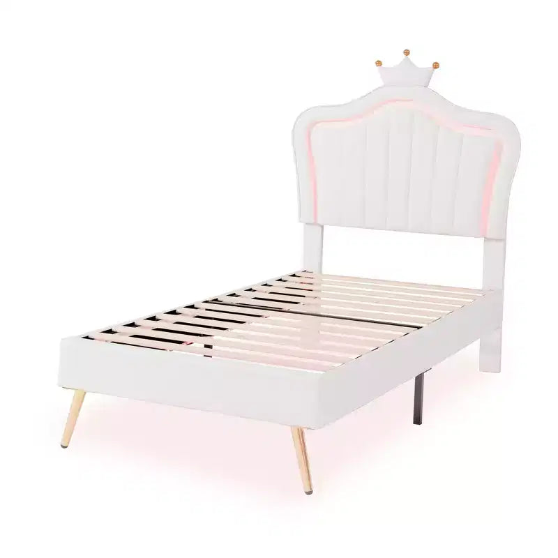 Struttura letto a LED singola/una piazza e mezza con testiera a corona, letti a piattaforma in PU imbottito per bambine con luce