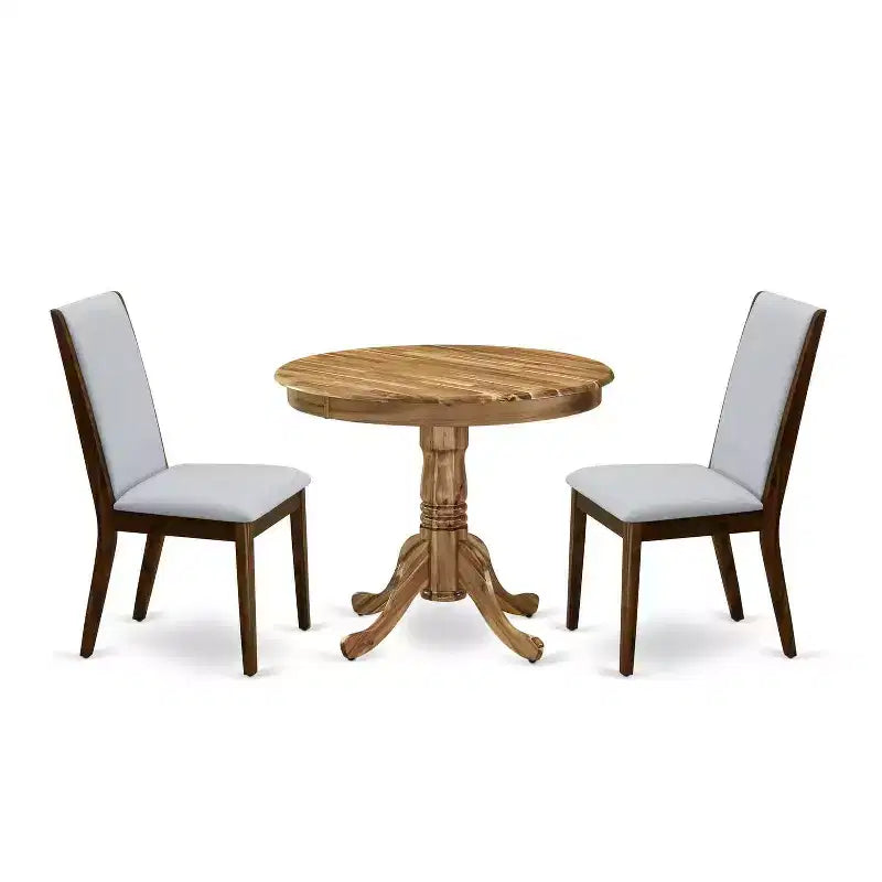 3-Piece Natural Oil Finish Solid Wood Top - Round Upholstered Dining Room Set - Seats 4