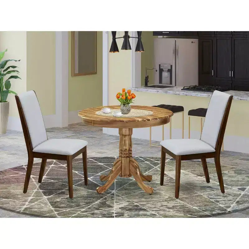 Set da pranzo rotondo imbottito a 3 pezzi con piano in legno massello con finitura a olio naturale - 4 posti