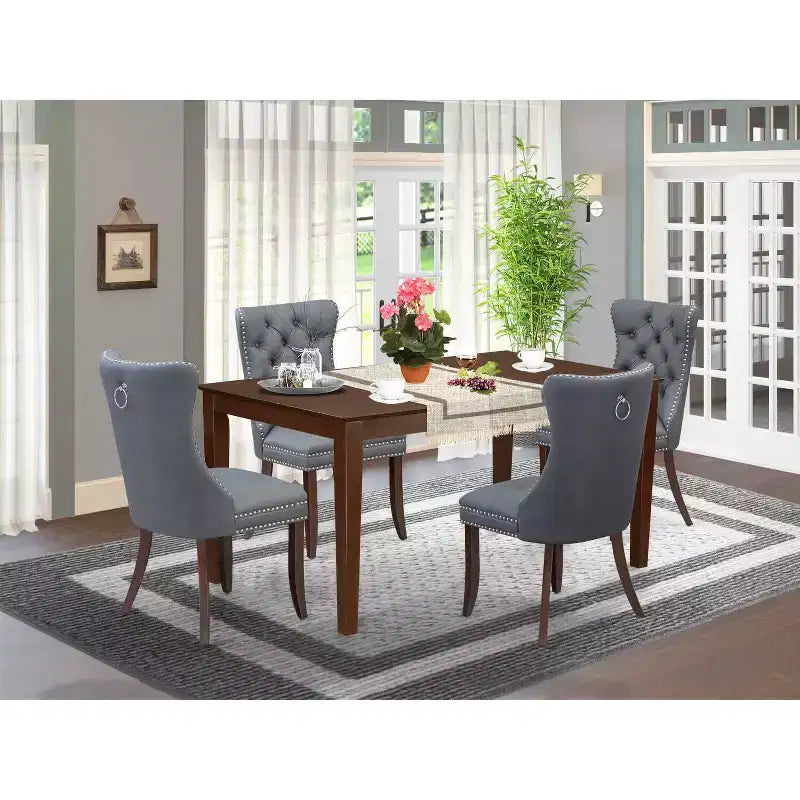 Set da pranzo 5 pezzi rettangolare in legno massello con finitura mogano e sedute imbottite - Posti 4